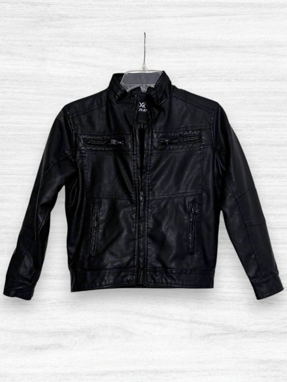 XRAY Jeans Boys Size 8 Black Faux Leather Moto Biker Jacket Sherpa Fleece Lined